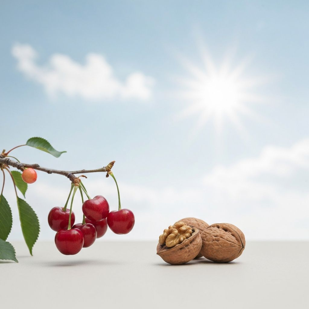 Frische Kirschen und Walnüsse auf hellem Hintergrund - natürliche Nährstoffquellen