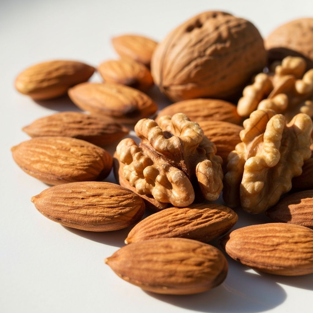Handvoll roher Mandeln und Walnüsse mit Schalen auf weißer Fläche - Magnesiumquellen